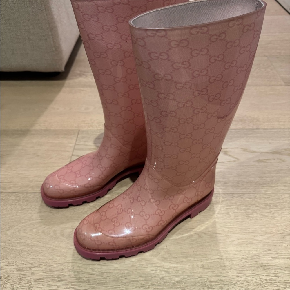Gucci Glossy Pink Monogram Rain Boots